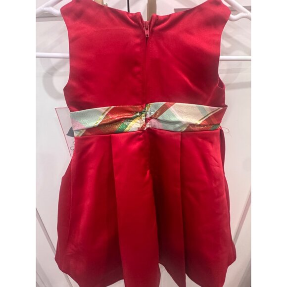 Rare Editions Red Holiday Dress W/ Plaid Bow Size 3T Polyester Metallic Blend To - Picture 3 of 6